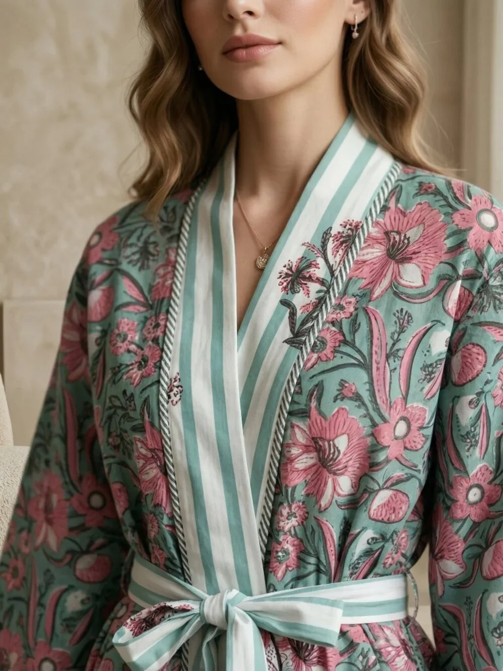 Reversible Cotton Kimono Robe, Hand Block Print Bathrobe, Floral Quilted for Her